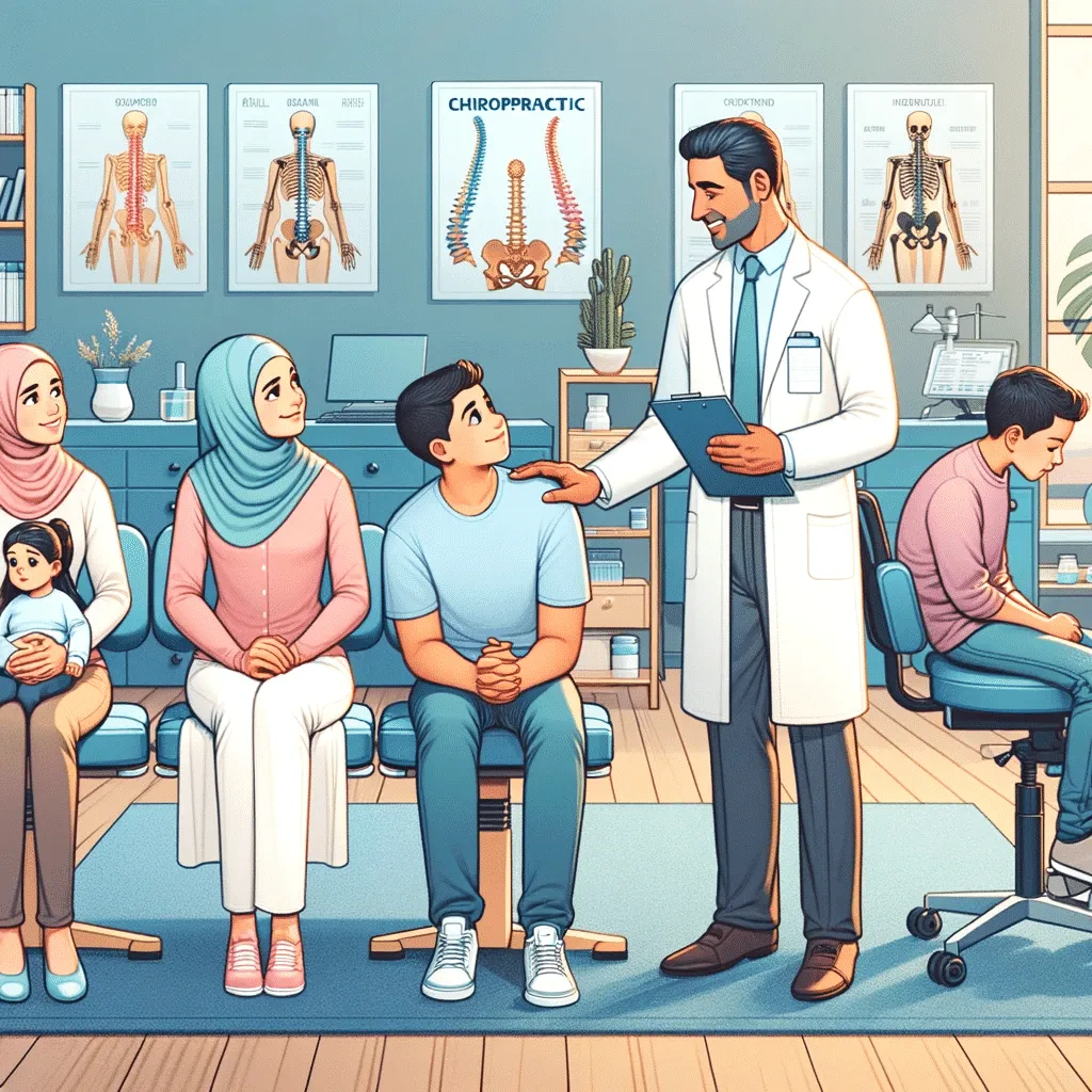 Illustration of a chiropractor treating family members with various health issues like back pain and posture problems in a supportive clinic environment