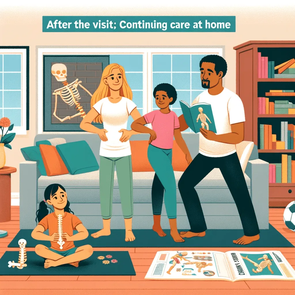 Illustration of a family participating in post-chiropractic care activities at home, such as stretching, posture exercises, and relaxation techniques.