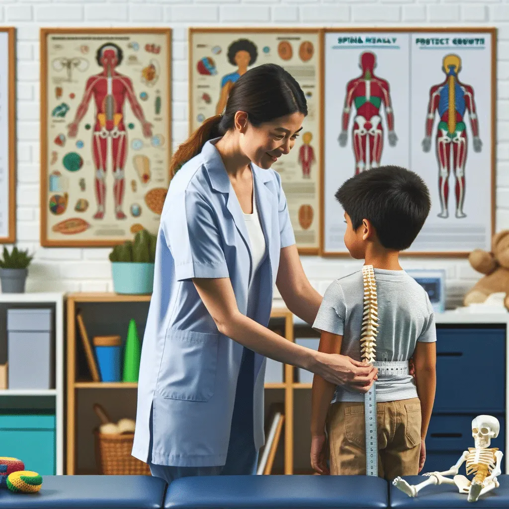 Illustration of a pediatric chiropractor educating parents and children about spinal health, with kids practicing spine-friendly activities and parents monitoring posture.