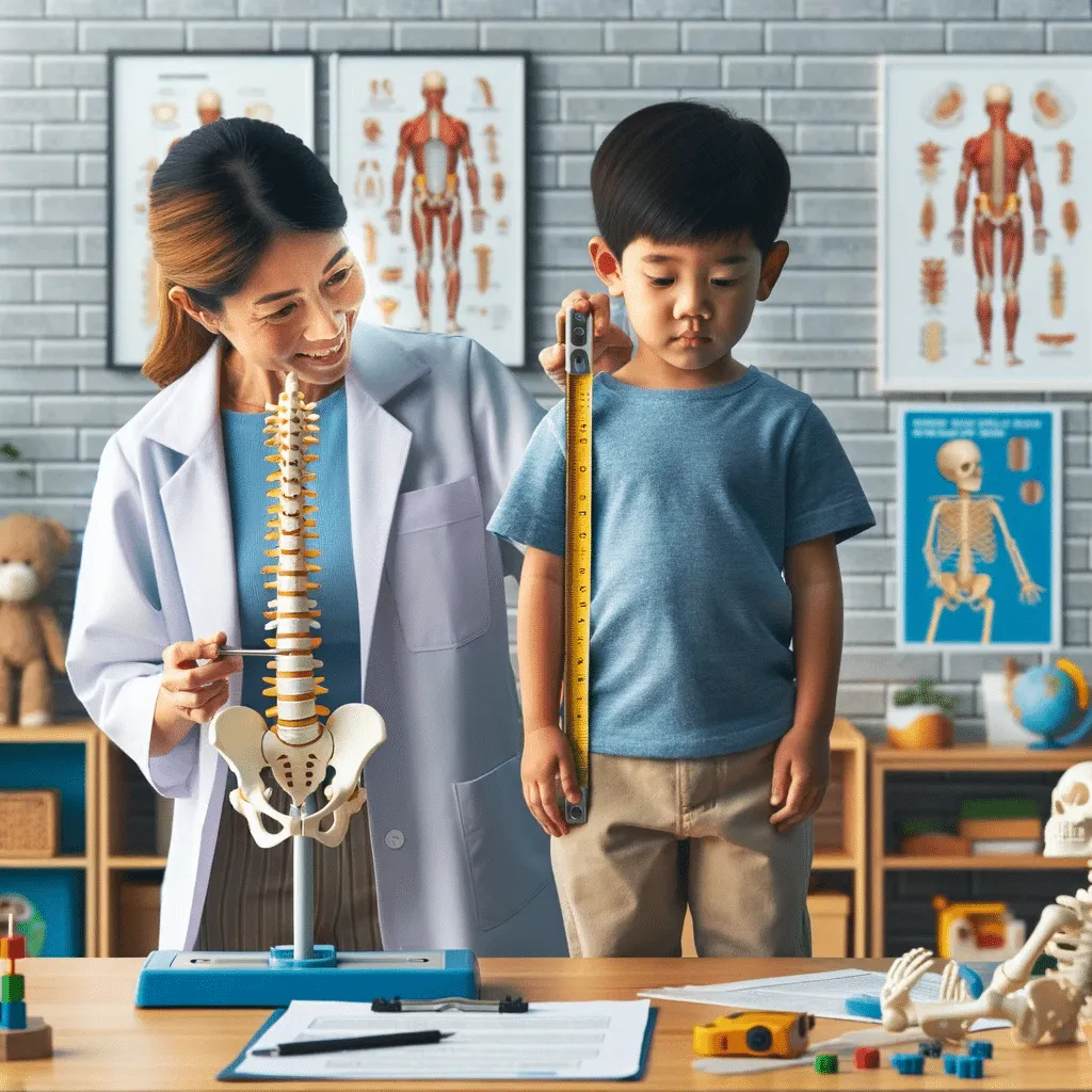 Illustration showing a pediatric chiropractor examining a child&#x27;s spine, parents learning about spinal care, and children doing spine-friendly activities.