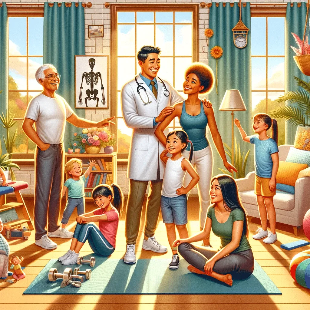 Illustration of a chiropractor providing comprehensive care to a family, including spinal assessments for children, back pain relief for adults, and mobility support for seniors, in a holistic clinic setting