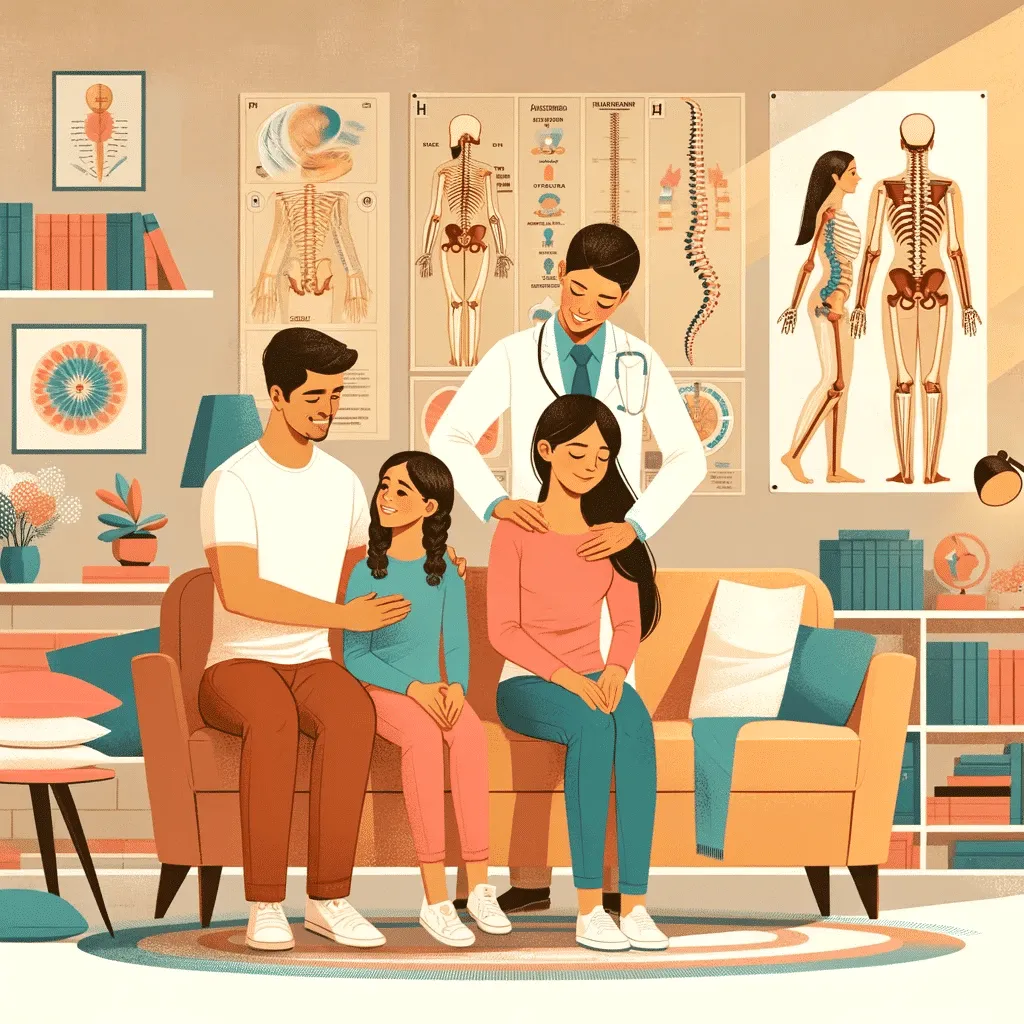 Illustration of a chiropractor using various techniques for family health, including spinal adjustments for adults, gentle manipulations for children, and therapeutic exercises for seniors in a family-friendly clinic