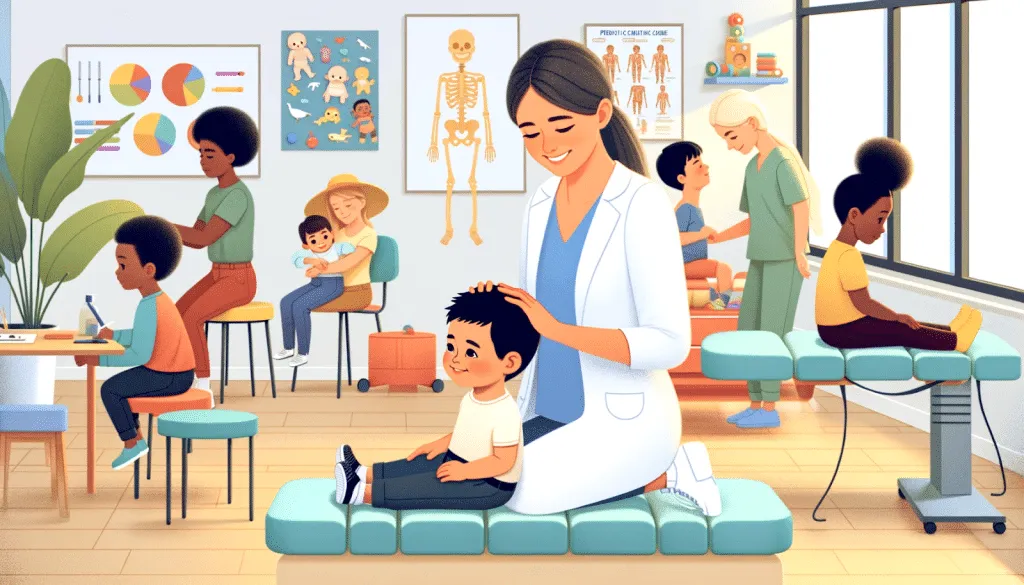 Chiropractor gently examining a child in a pediatric chiropractic session