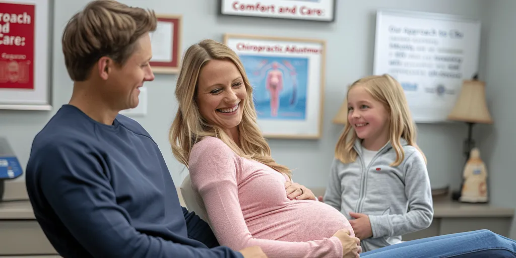 Chiropractor gently adjusting a pregnant woman&#x27;s back with a focus on safety and comfort, in a calm, supportive environment.