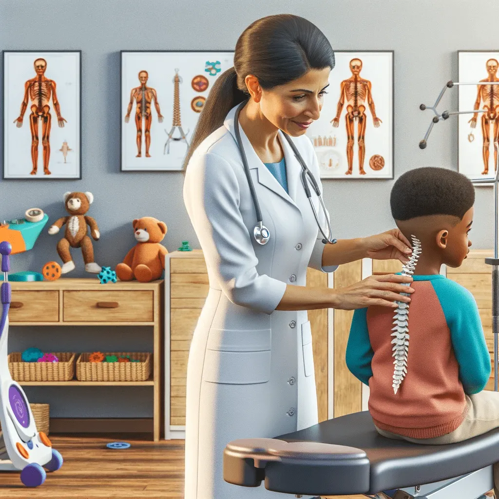 Illustration of chiropractors performing various diagnostic procedures like X-ray imaging and posture analysis, and providing treatments such as spinal adjustments and physiotherapy in a clinic.