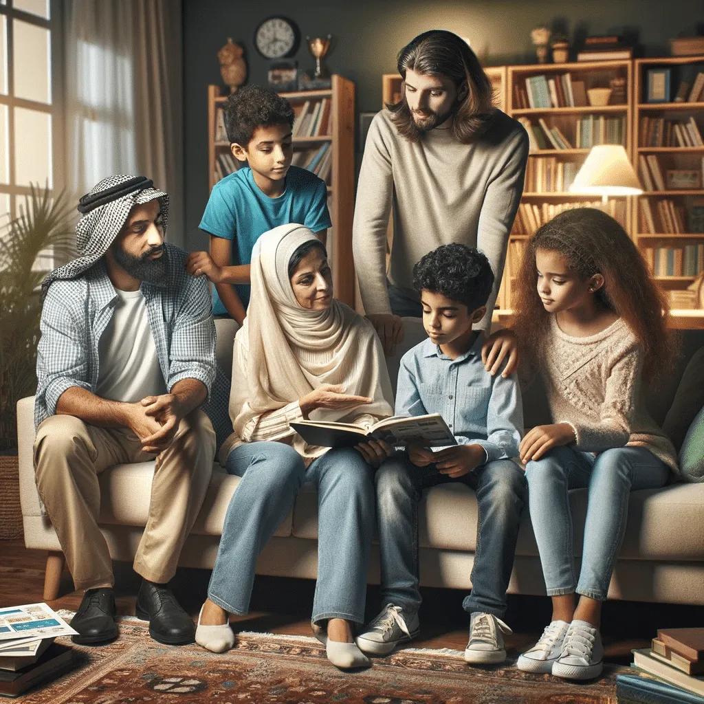 Illustration of a family involved in various learning activities, such as reading together, browsing educational websites, attending workshops, and discussing new knowledge in different settings like home and library