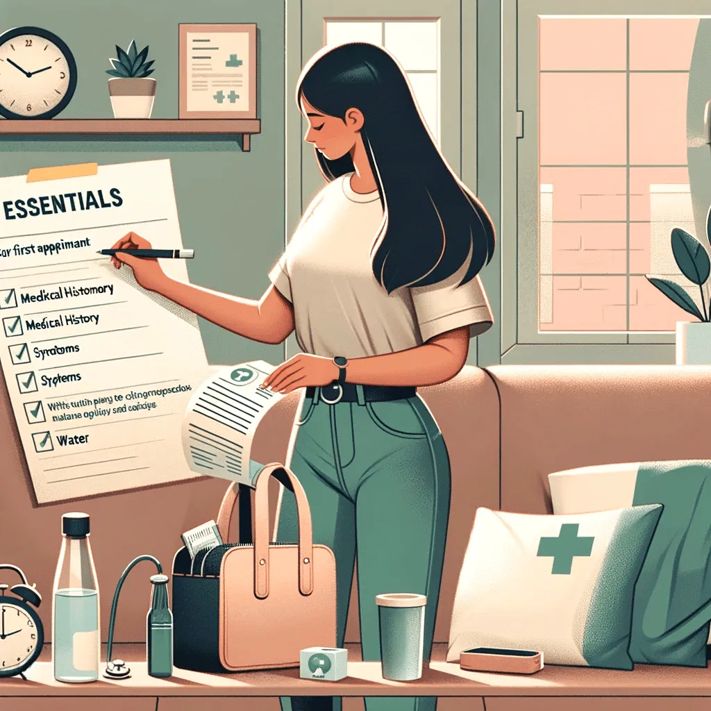 Illustration of an individual preparing for a first chiropractic appointment, researching the chiropractor&#x27;s credentials, organizing medical history, and preparing questions in a home setting