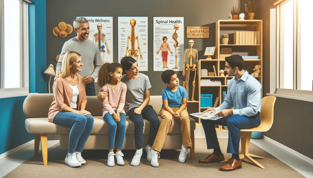 Family visiting a chiropractor together, showcasing a diverse age group receiving care