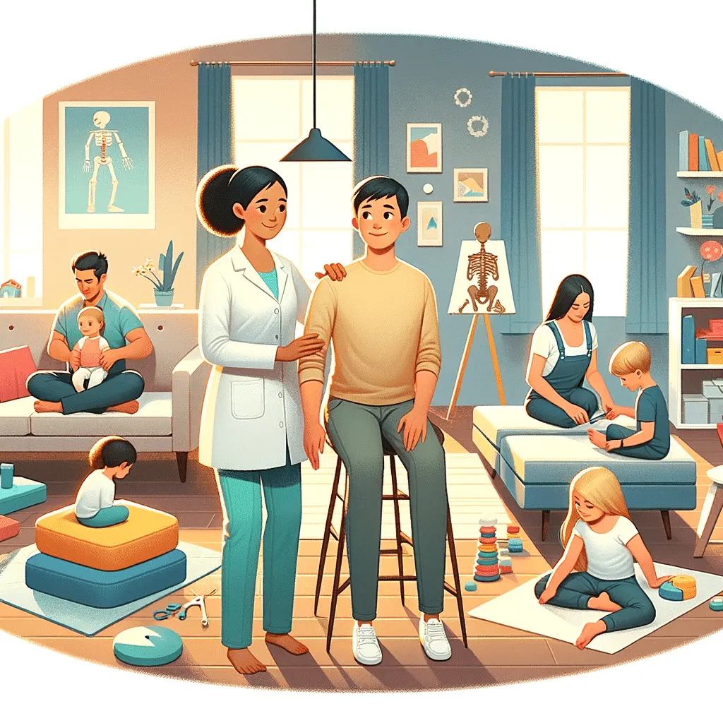 Illustration of a family incorporating chiropractic care into their daily life, with activities like a home chiropractic visit, family exercise routines, children learning about spinal health, and parents receiving adjustments