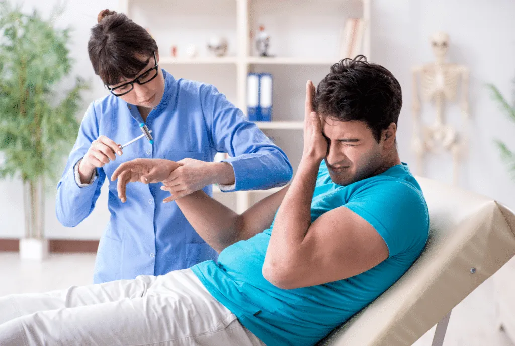 Concerned Patient Discussing Nerve Pain Severity with Chiropractor in Clinic