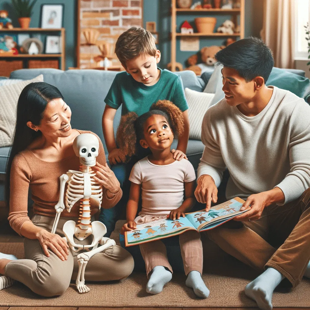 Illustration showing parents preparing children for a chiropractic visit, with scenes of explaining the process, looking at educational materials, practicing exercises, and visiting the clinic