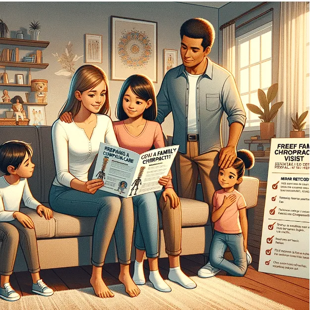 Illustration of a family preparing for their first chiropractic visit, researching clinics, discussing health histories, preparing questions, and organizing medical documents at home