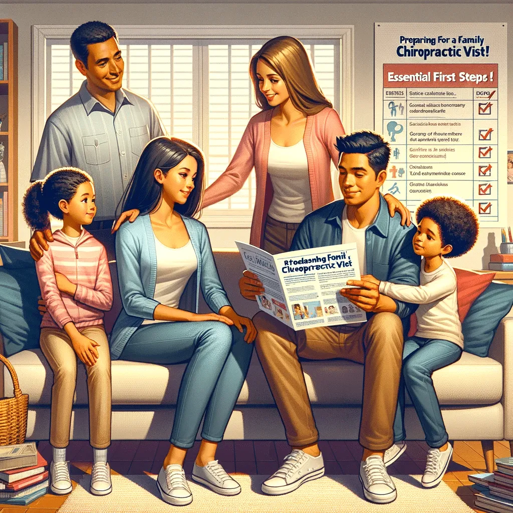 Illustration of a family preparing for their first chiropractic visit, researching clinics, discussing health histories, preparing questions, and organizing medical documents at home