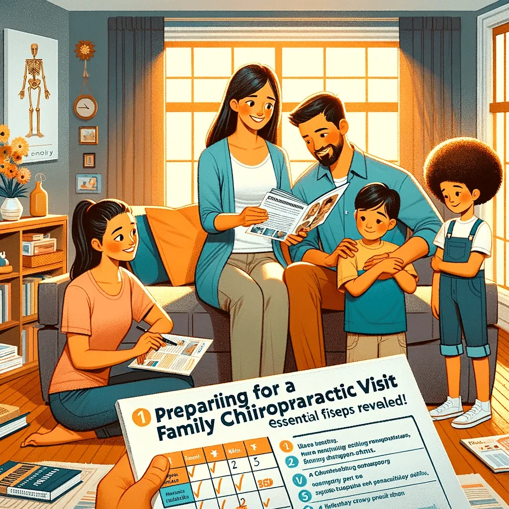 A family actively preparing for their first chiropractic visit, including researching clinics, discussing health concerns, and organizing medical documents in their home.