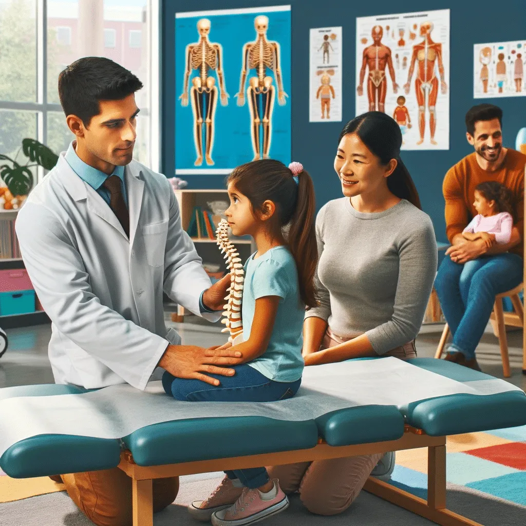 Illustration of a pediatric chiropractor educating parents on early signs of spinal problems in children, with kids showing symptoms like uneven shoulders and posture issues.