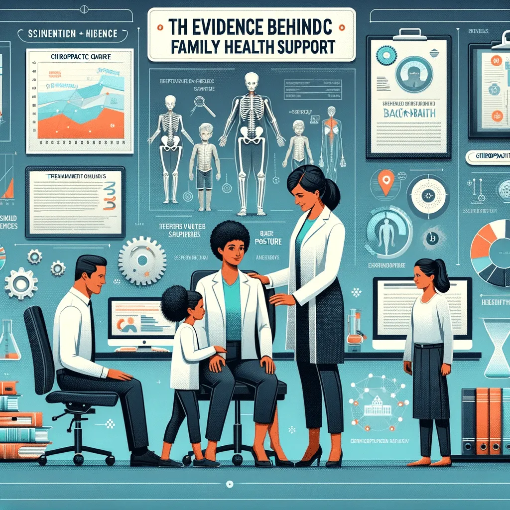 Illustration of a chiropractor presenting research findings on chiropractic treatments to a family, with charts and data, and scenes of families benefiting from care, in a clinic setting