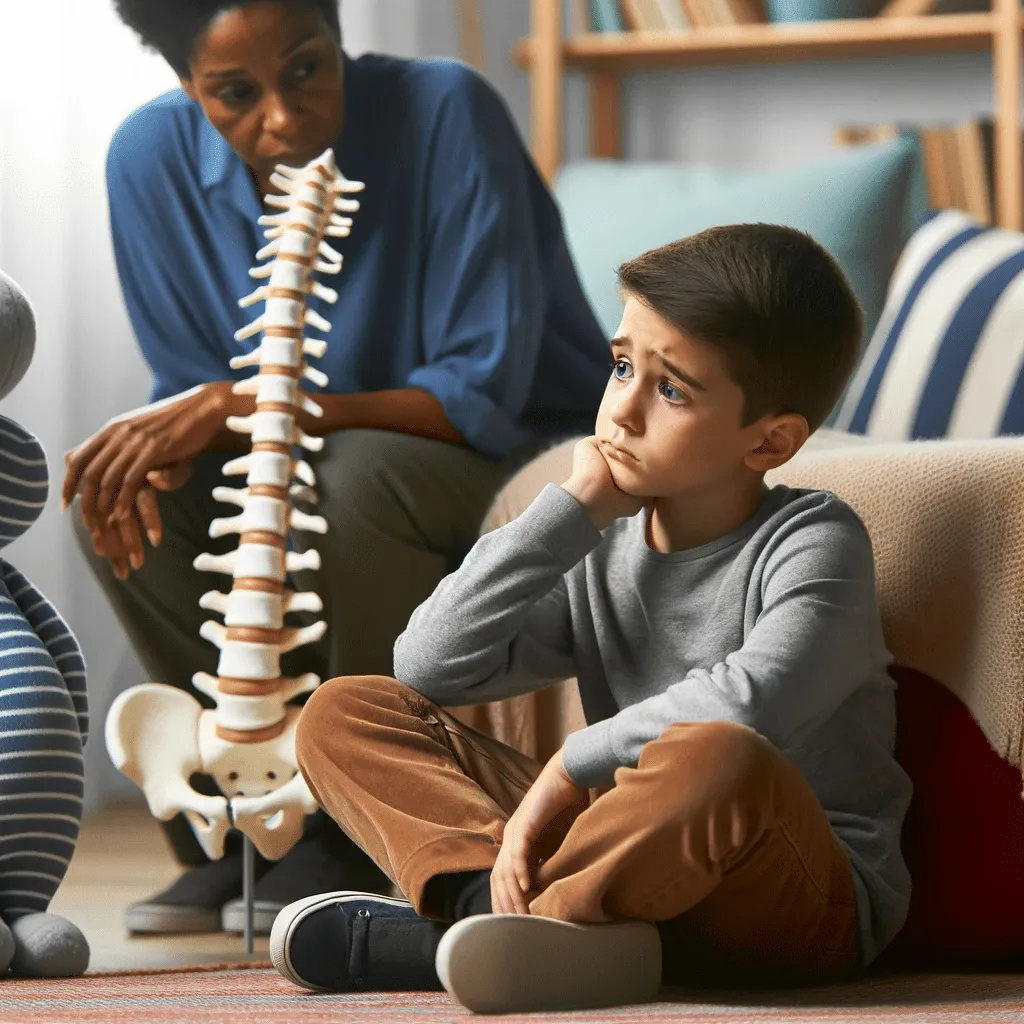 Illustration of individuals grappling with the emotional and physical challenges of spinal health issues, in home and clinical settings, with supportive care from healthcare professionals and loved ones.