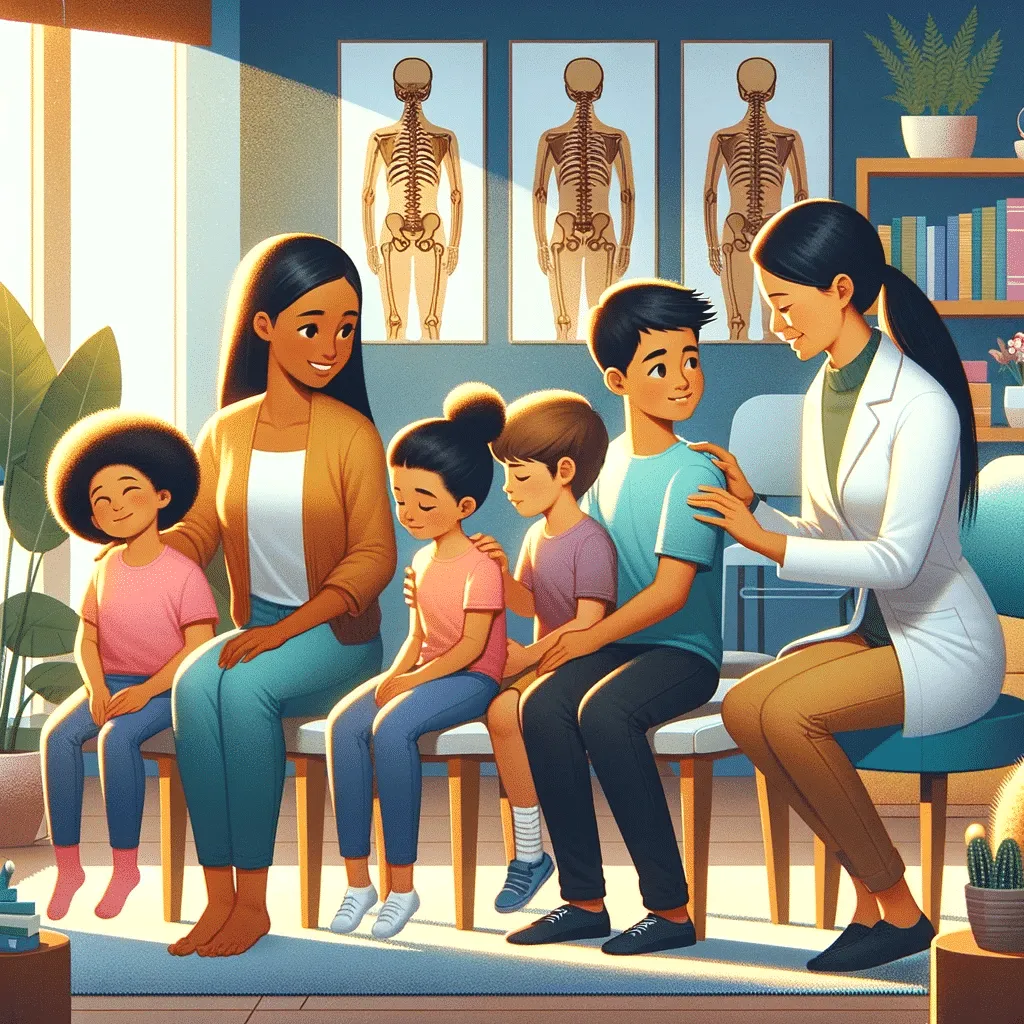 Illustration of a chiropractor providing holistic care to family members of different ages, including spinal health assessments for kids, pain management for adults, and mobility exercises for the elderly