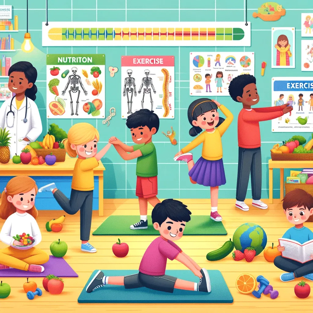 Illustration showing the impact of nutrition and exercise on spinal health, with a family eating nutrient-rich foods, individuals doing spine exercises, and a nutritionist advising on diet.