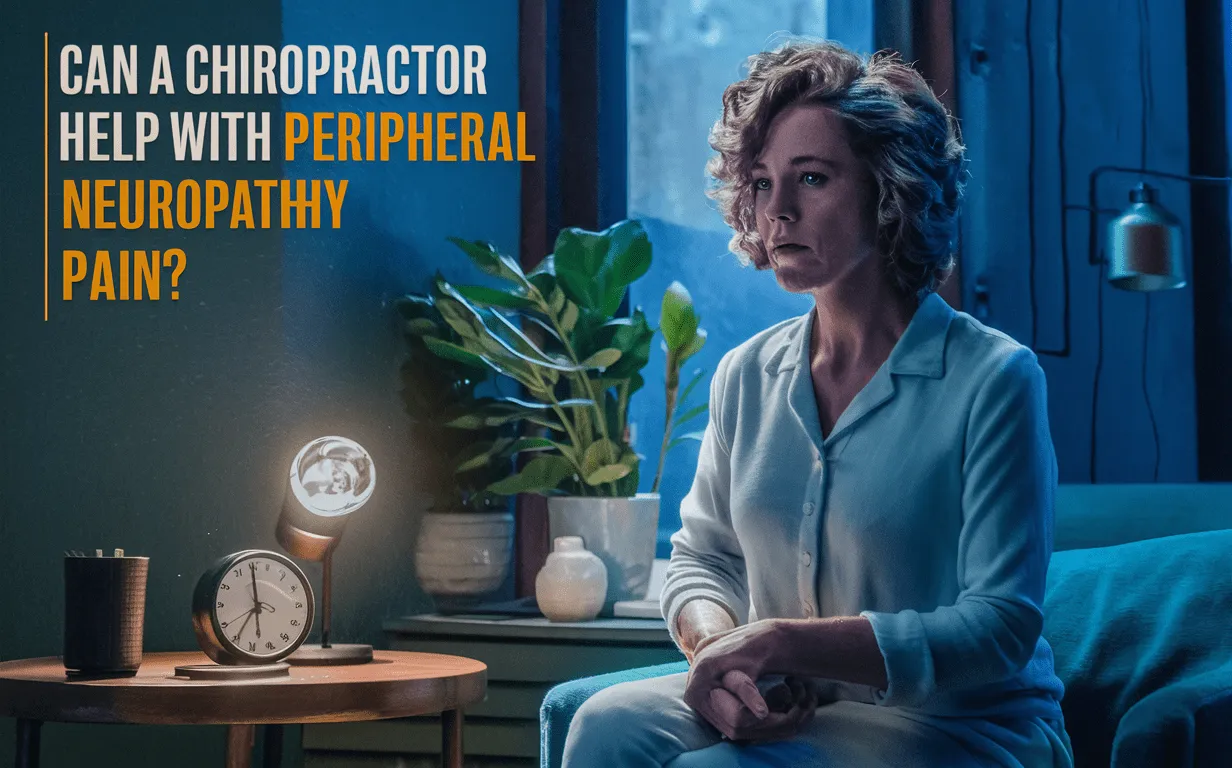 An illustration depicting a person suffering from neuropathic pain, with text asking if a chiropractor can help relieve peripheral neuropathy pain.