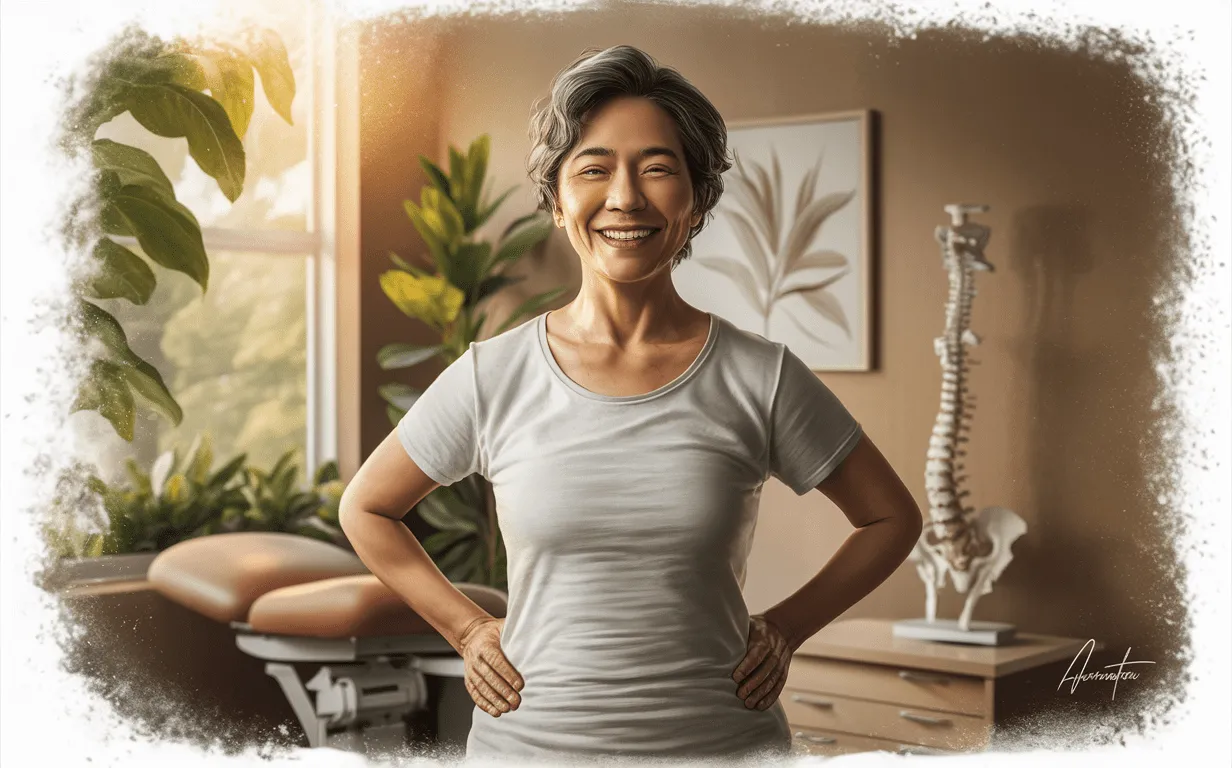 A smiling chiropractor standing next to an adjustment table and spine model, symbolizing personalized chiropractic care for achieving better health and well-being.