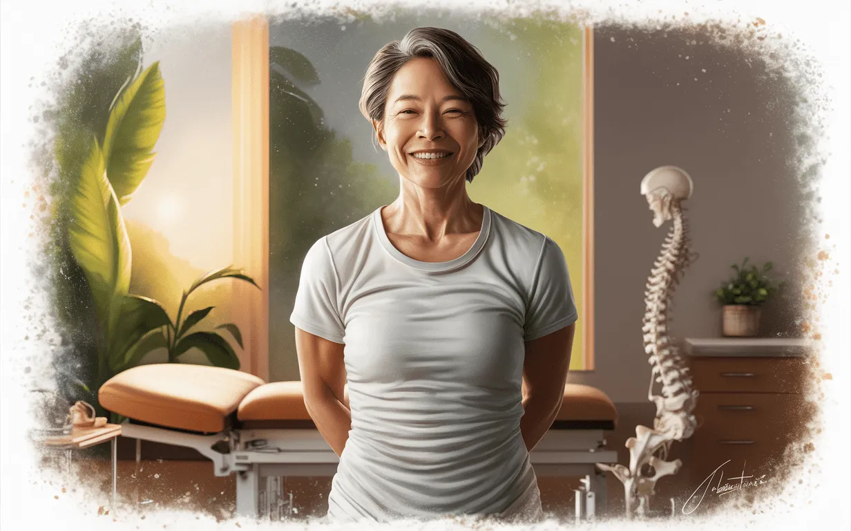 An illustration of a smiling man in athletic wear surrounded by lush greenery and a stylized spinal column, representing the harmony between chiropractic care and natural health.