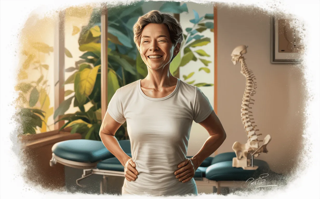 A cheerful middle-aged woman chiropractor in a treatment room with a model spine and plant, representing chiropractic care for a healthier life.