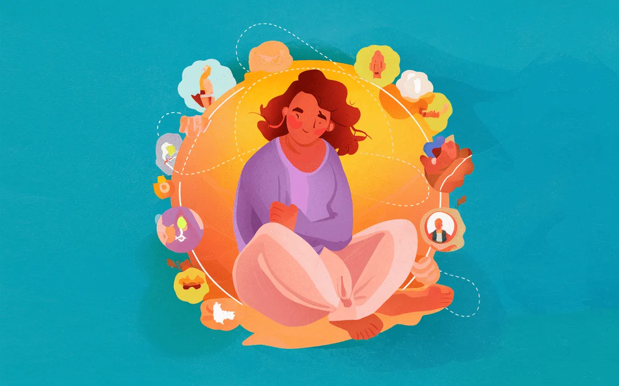 An illustration depicting a woman practicing meditation surrounded by icons representing various aspects of holistic wellness such as yoga, healthy diet, self-care, creativity, and personal growth.