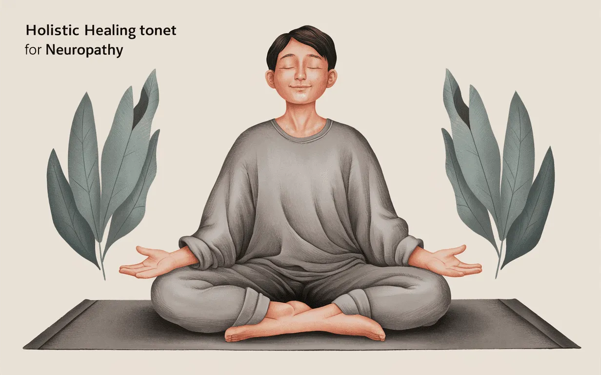 A person meditating with eyes closed, surrounded by lush green leaves, depicting a holistic approach to healing neuropathy