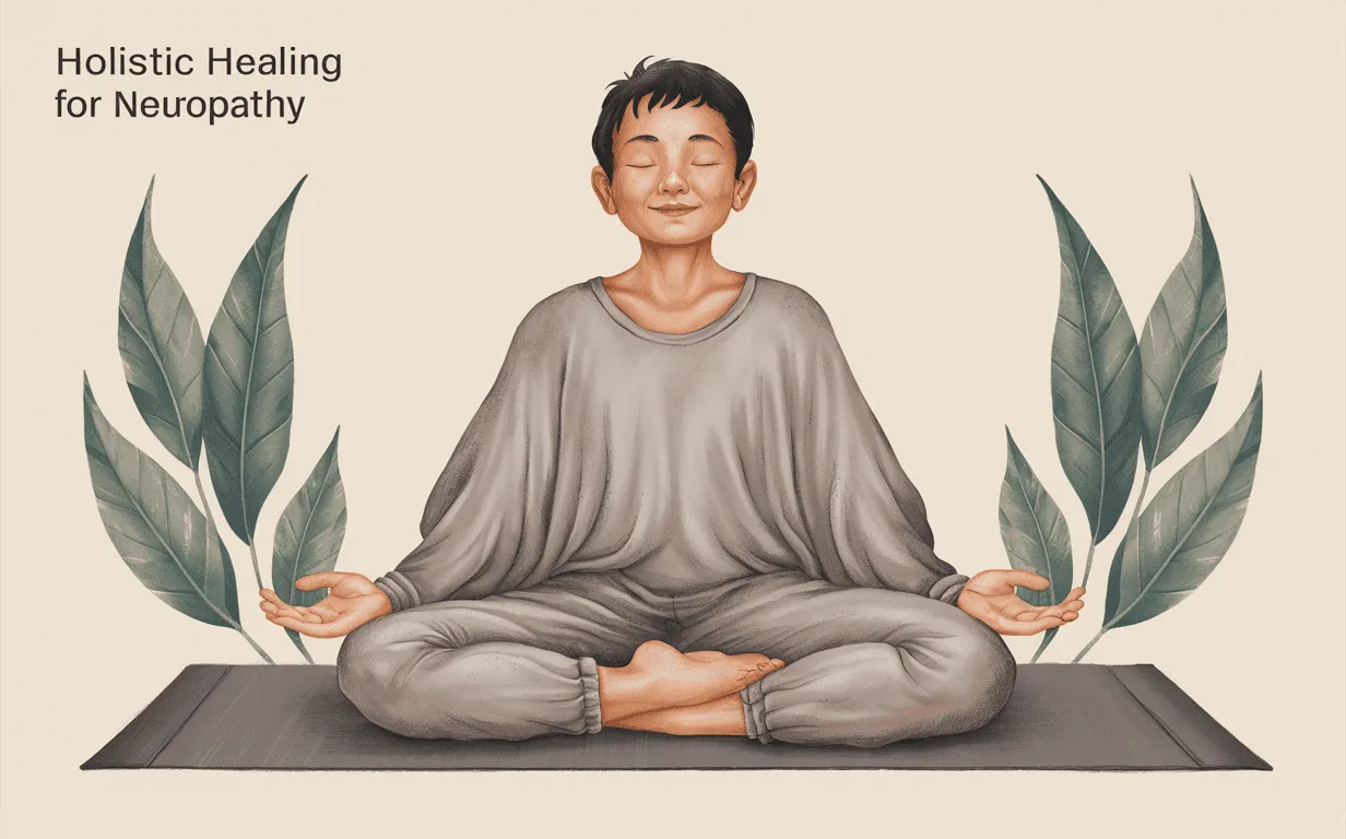 An illustration depicting a person practicing meditation surrounded by natural elements like leaves, herbs, and wooden tools, representing a holistic approach to healing neuropathy.