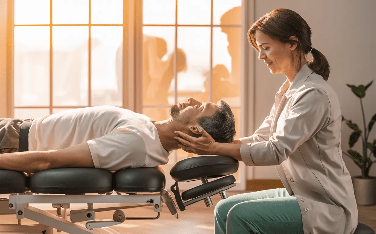 A chiropractor performs a spinal adjustment on a patient lying on a treatment table in a serene office setting with plants and natural lighting.