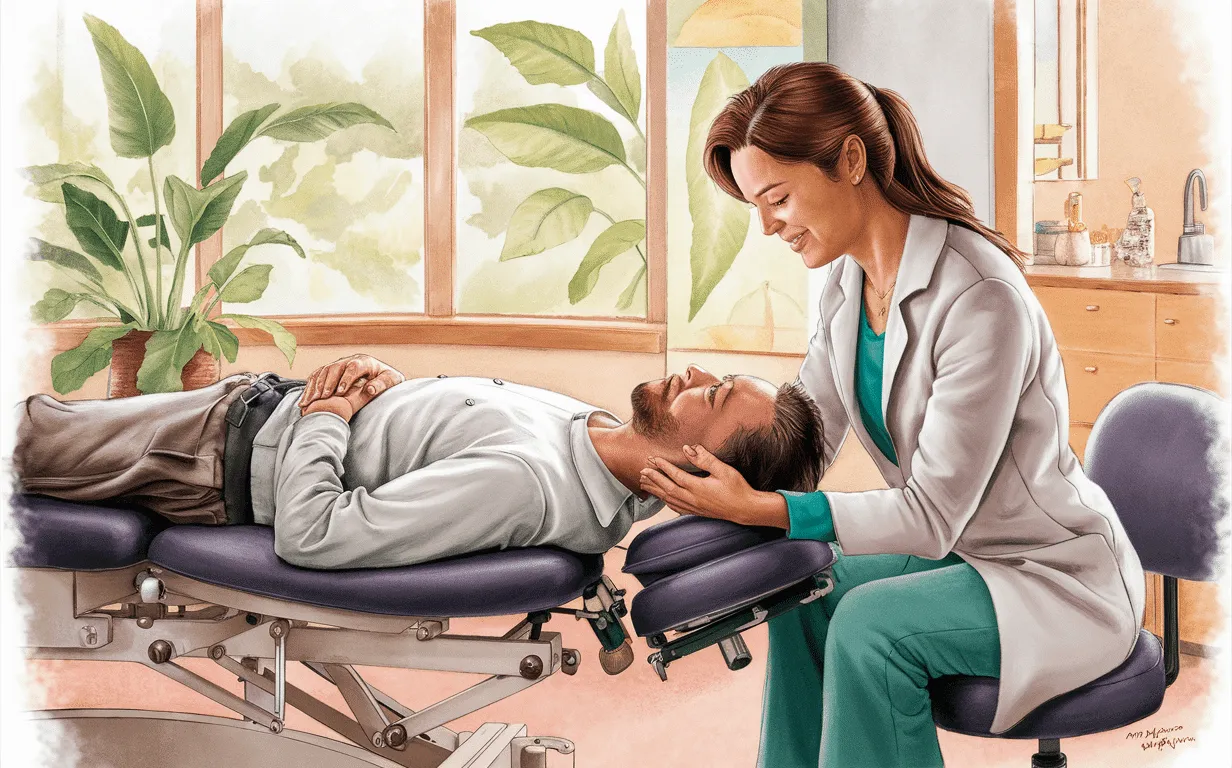 A chiropractor adjusting a patient&#x27;s back on a massage table in a warm, inviting treatment room