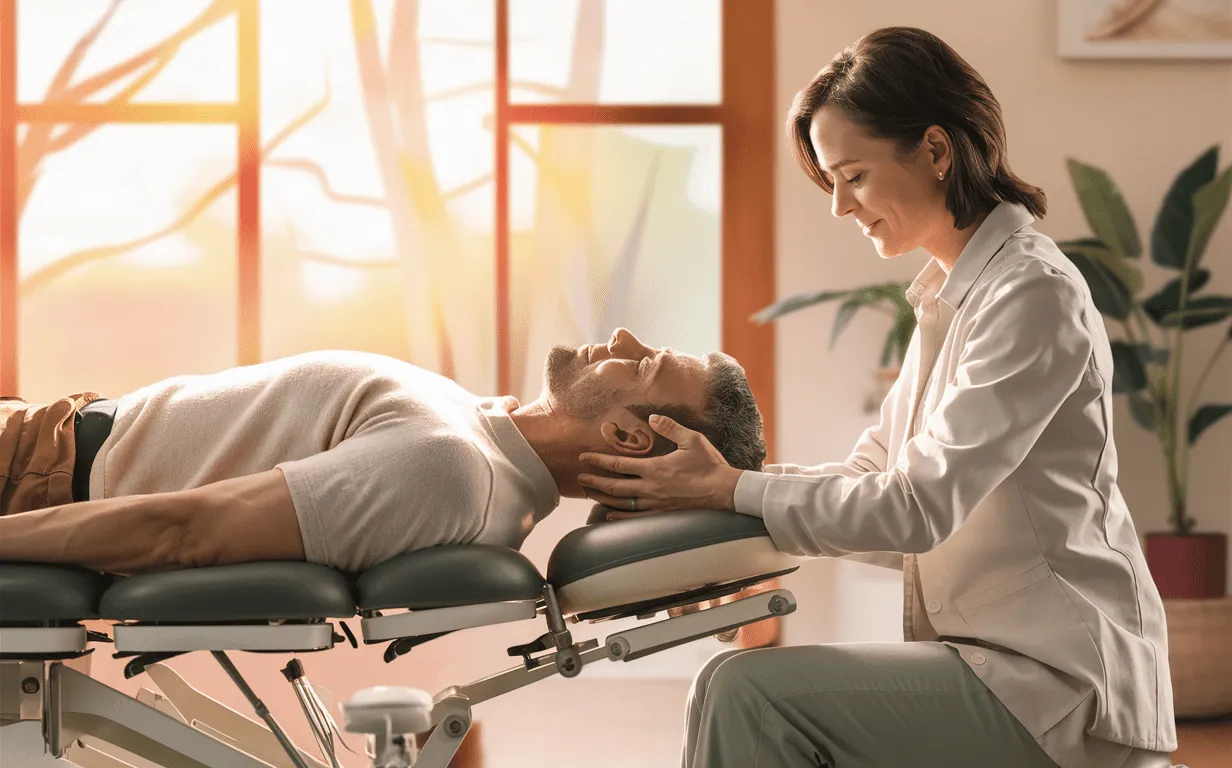 A chiropractor providing spinal adjustment to a patient on a treatment table in a chiropractic office setting in Aurora, Ohio.