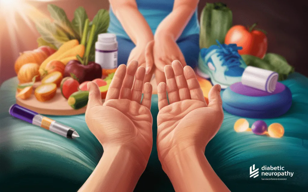 An image promoting healthy lifestyle habits to manage diabetic neuropathy, showing hands cupped around various fruits, vegetables, exercise gear, and medication bottles.