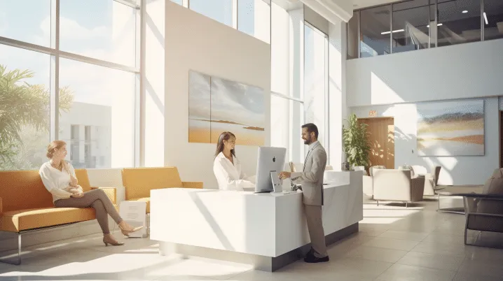 Customer Booking an Appointment at a Clinic with a Receptionist Assisting