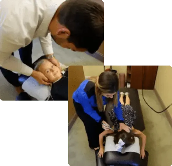 Chiropractors performing adjustments on children lying on chiropractic tables