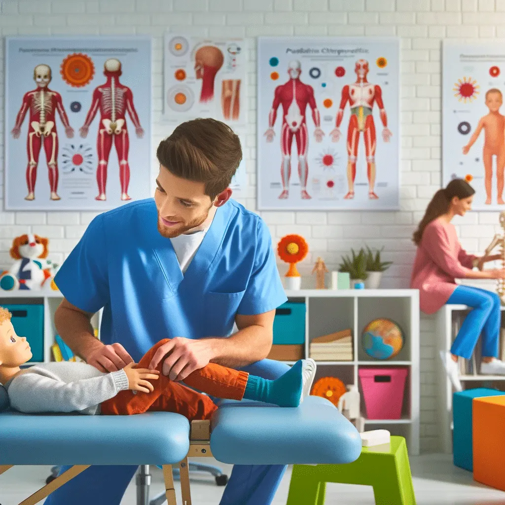 Pediatric chiropractor using child-friendly chiropractic techniques for a gentle spine adjustment in a kid-friendly clinic.