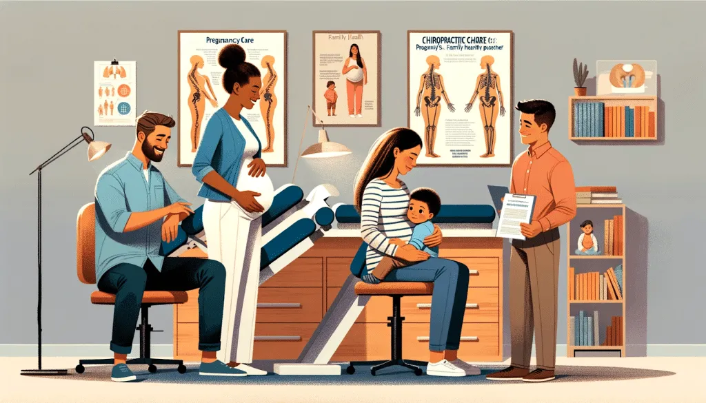 Pregnant woman receiving chiropractic care with her family present, symbolizing support and wellness