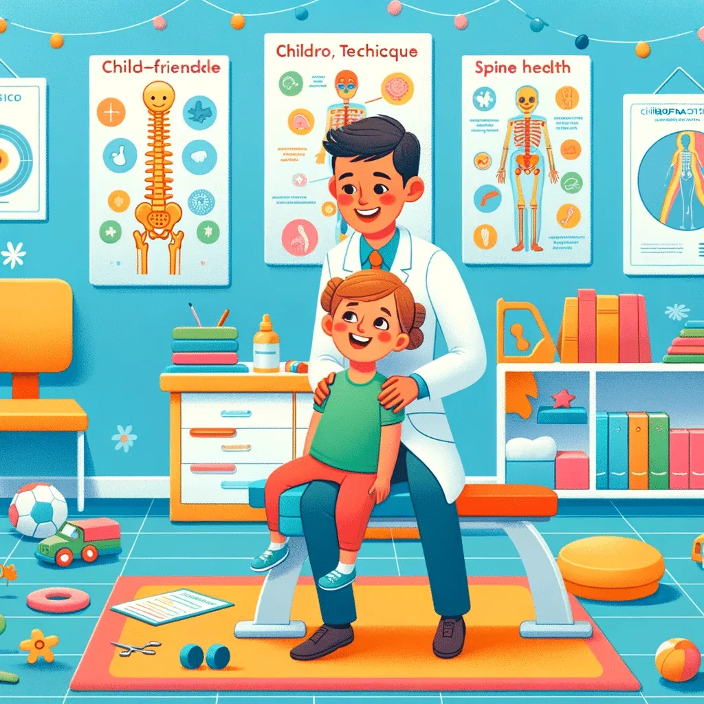 Chiropractor using child-friendly technique on young patient in a colorful clinic