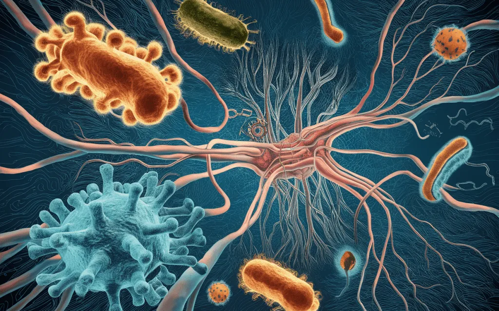 An illustration depicting various microorganisms like bacteria and viruses surrounding and interacting with a nerve cell, suggesting potential infections that can cause neuropathy or nerve damage.