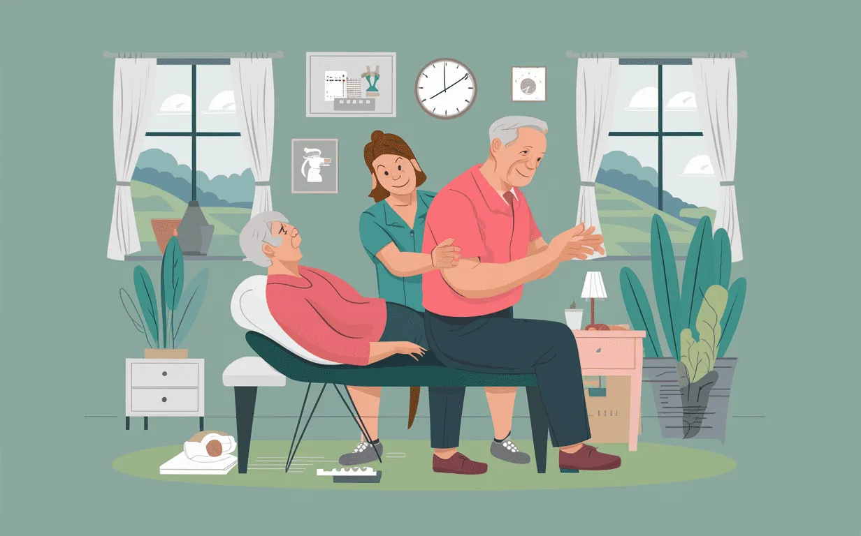 A chiropractor assisting an elderly patient to improve their mobility and flexibility through gentle chiropractic adjustments in a comfortable home setting.