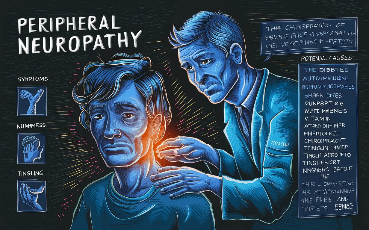 An illustration depicting a person sitting with a pained expression and thought bubbles showing nerve pain symptoms, suggesting they may be experiencing peripheral neuropathy and considering seeking chiropractic treatment for relief.